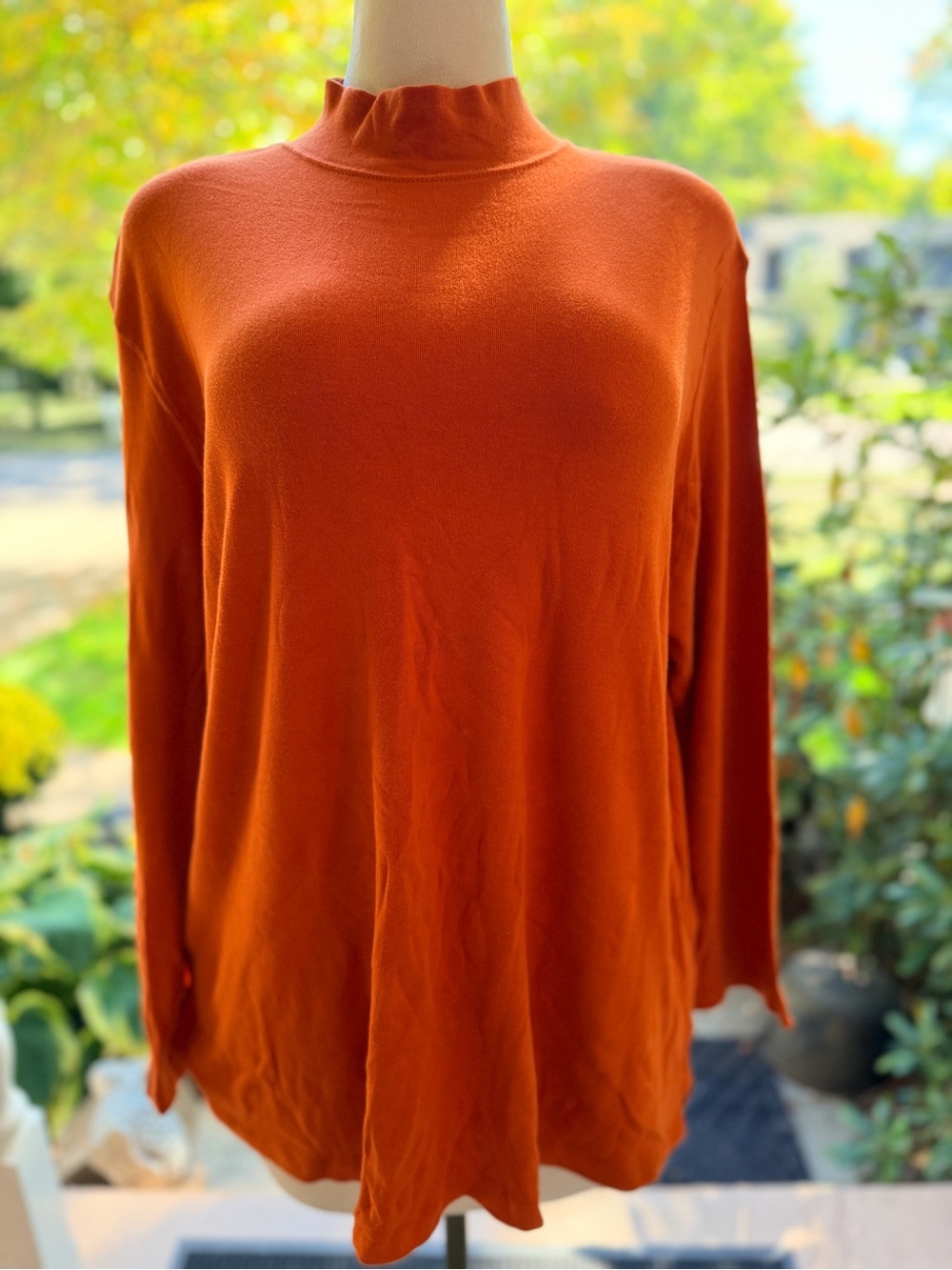Basic Editions Plus 2X Burnt Orange Mock Neck Cotton Top Retro Fall Lagenlook